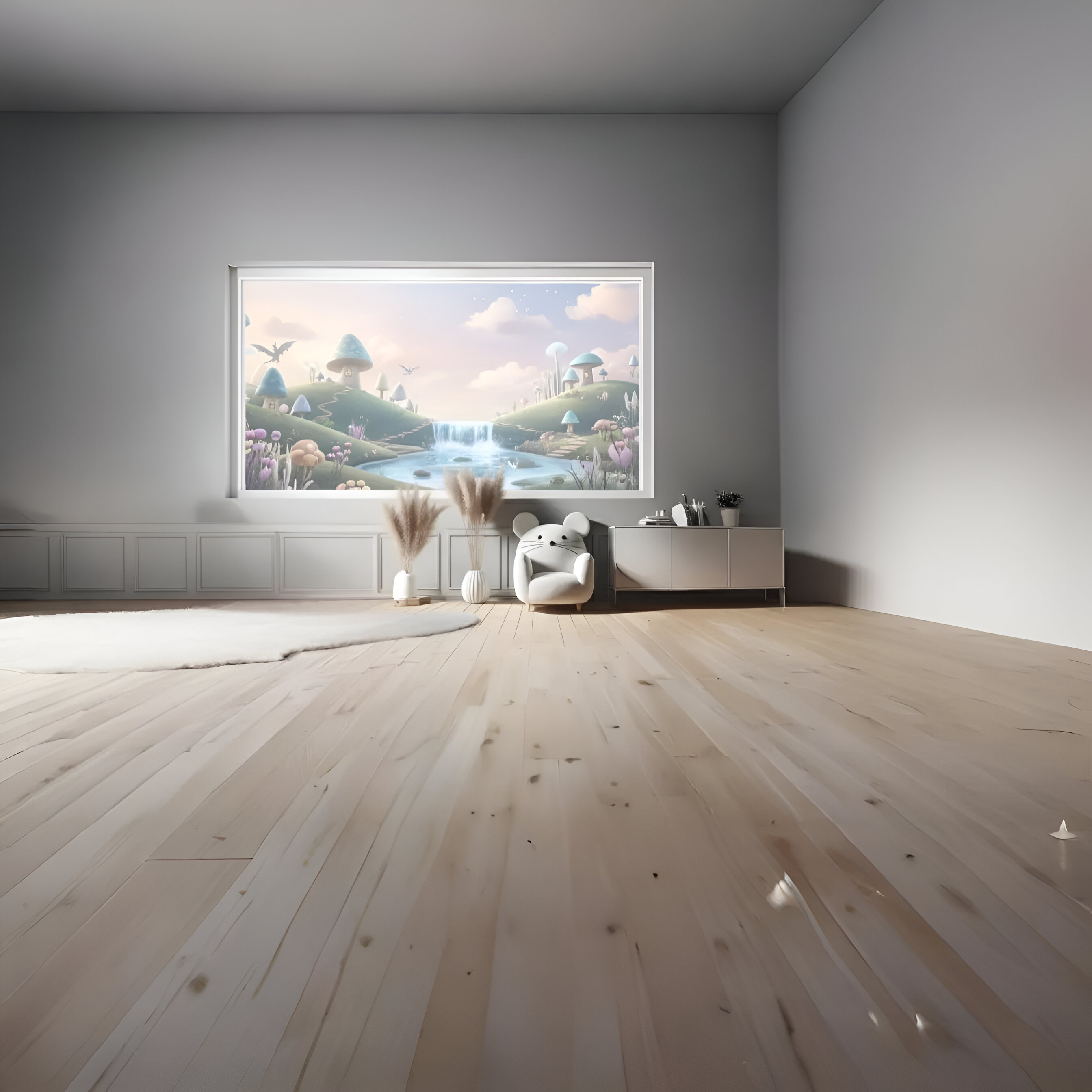 Nubo - Elegant interior with sage green walls and terracotta furniture overlooking surreal landscape